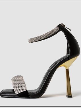 Cult of Coquette Black Rhinestone Ankle-Strap Stiletto Sandals Gold Heel NEW